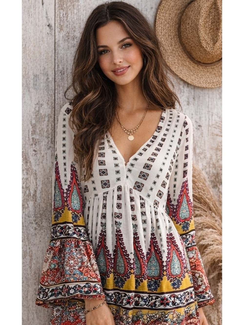 Boho Paisley Babydoll Dress Tunic Bell Sleeve Festival Mini Medium - Picture 2 of 14
